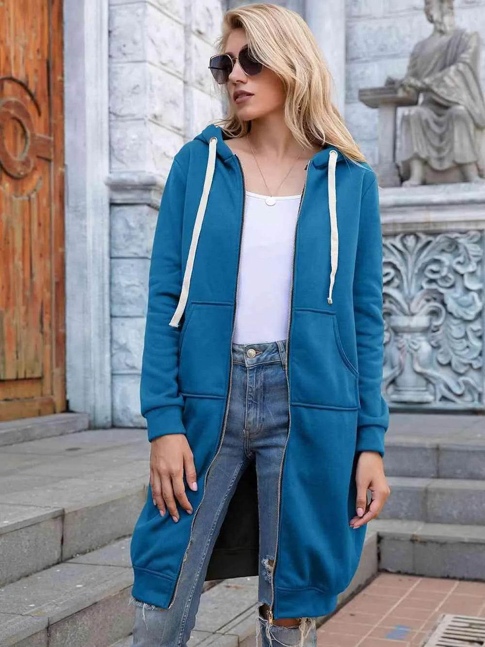 Bona Fide Fashion - Full Size Zip-Up Longline Hoodie with Pockets - Women Fashion - Bona Fide Fashion