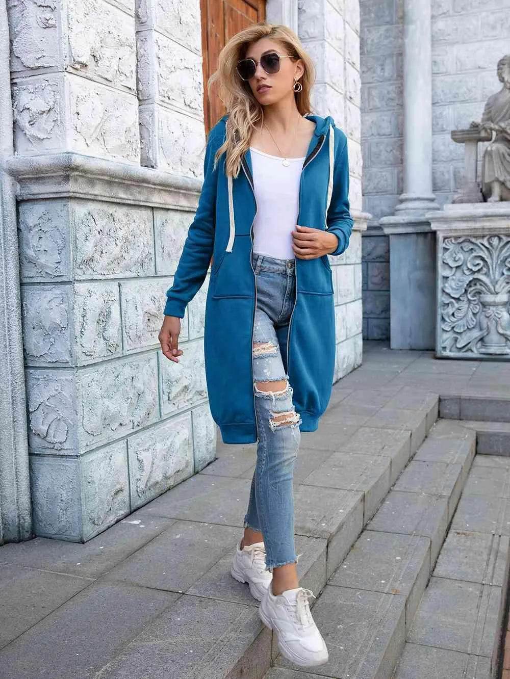 Bona Fide Fashion - Full Size Zip-Up Longline Hoodie with Pockets - Women Fashion - Bona Fide Fashion