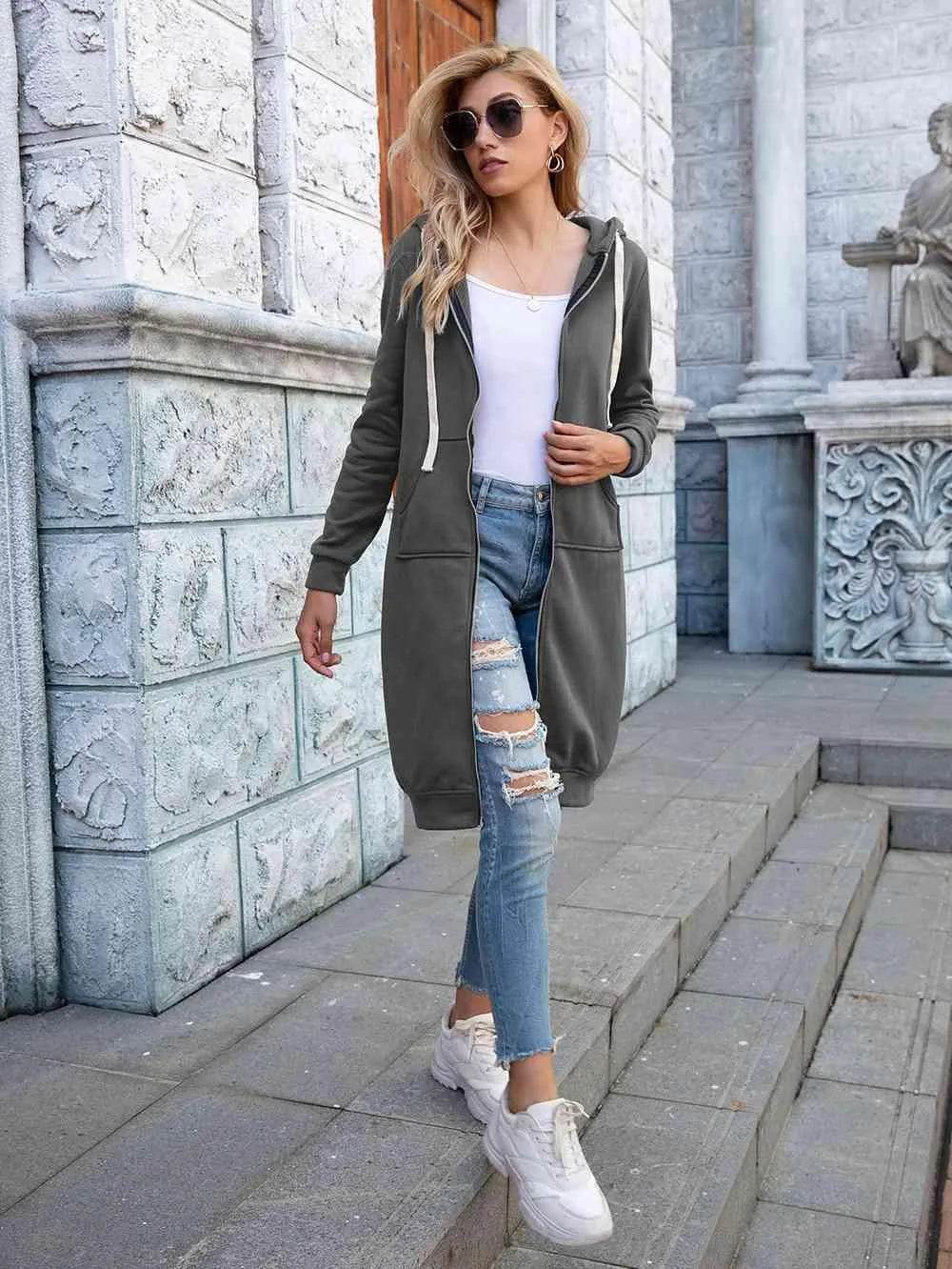 Bona Fide Fashion - Full Size Zip-Up Longline Hoodie with Pockets - Women Fashion - Bona Fide Fashion