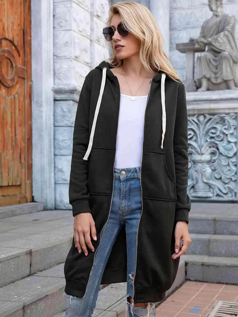 Bona Fide Fashion - Full Size Zip-Up Longline Hoodie with Pockets - Women Fashion - Bona Fide Fashion
