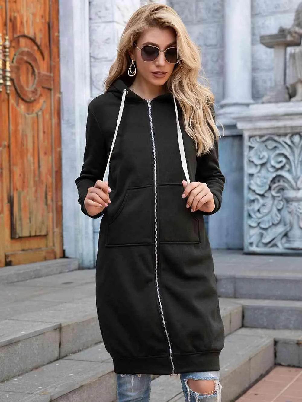 Bona Fide Fashion - Full Size Zip-Up Longline Hoodie with Pockets - Women Fashion - Bona Fide Fashion