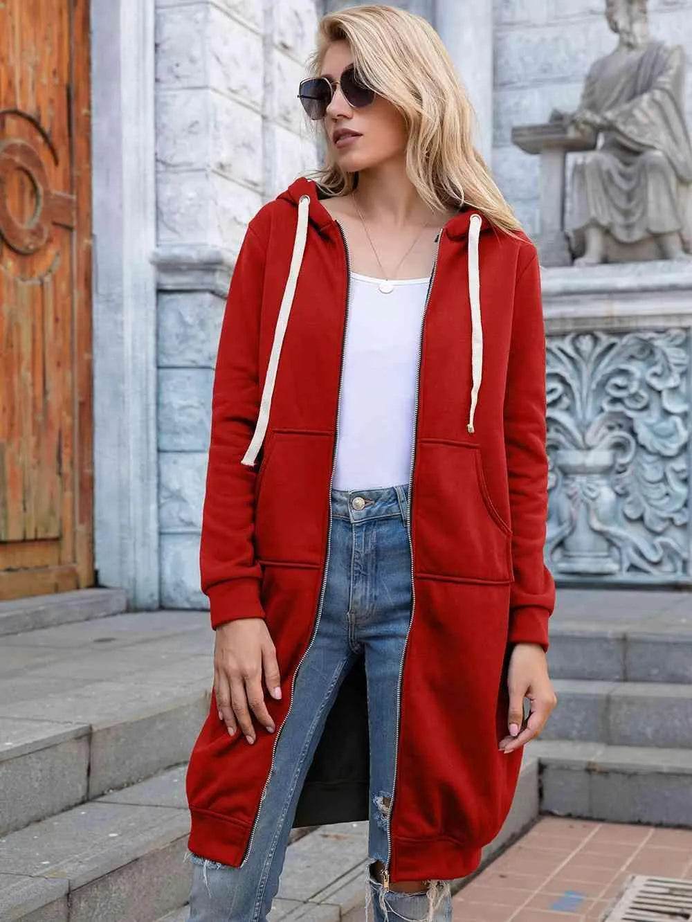 Bona Fide Fashion - Full Size Zip-Up Longline Hoodie with Pockets - Women Fashion - Bona Fide Fashion