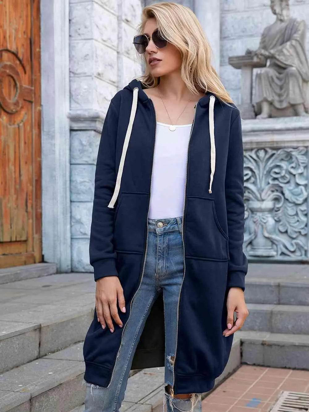 Bona Fide Fashion - Full Size Zip-Up Longline Hoodie with Pockets - Women Fashion - Bona Fide Fashion