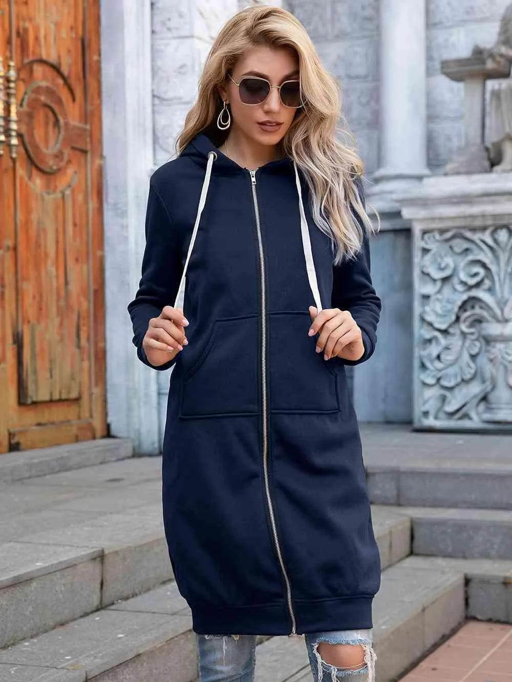 Bona Fide Fashion - Full Size Zip-Up Longline Hoodie with Pockets - Women Fashion - Bona Fide Fashion