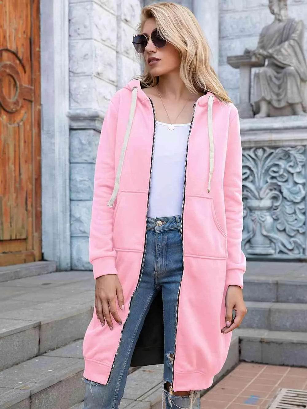 Bona Fide Fashion - Full Size Zip-Up Longline Hoodie with Pockets - Women Fashion - Bona Fide Fashion