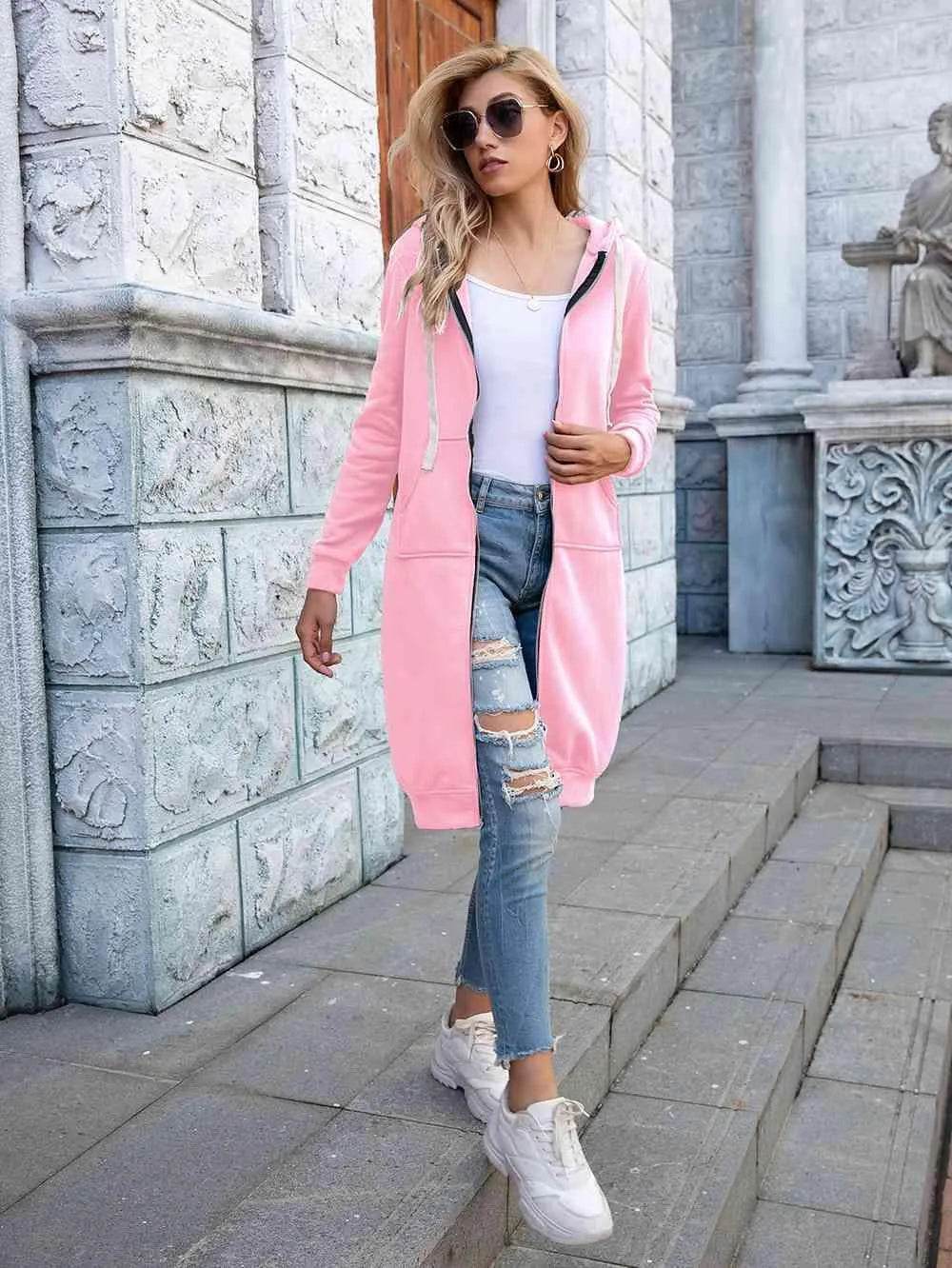 Bona Fide Fashion - Full Size Zip-Up Longline Hoodie with Pockets - Women Fashion - Bona Fide Fashion