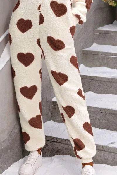 Bona Fide Fashion - Fuzzy Heart Zip Up Hooded Lounge Jumpsuit - Women Fashion - Bona Fide Fashion