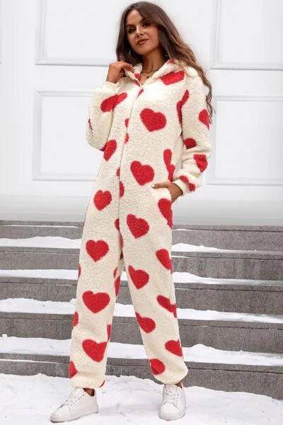 Bona Fide Fashion - Fuzzy Heart Zip Up Hooded Lounge Jumpsuit - Women Fashion - Bona Fide Fashion