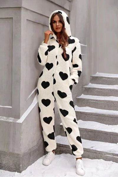 Bona Fide Fashion - Fuzzy Heart Zip Up Hooded Lounge Jumpsuit - Women Fashion - Bona Fide Fashion