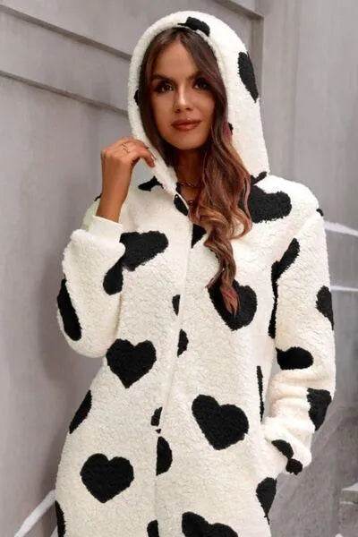 Bona Fide Fashion - Fuzzy Heart Zip Up Hooded Lounge Jumpsuit - Women Fashion - Bona Fide Fashion