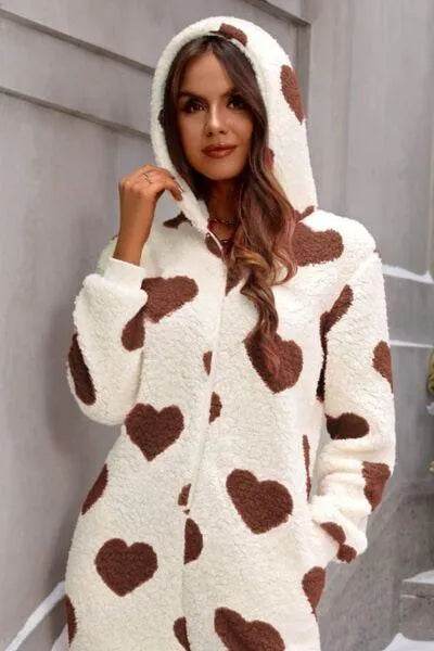 Bona Fide Fashion - Fuzzy Heart Zip Up Hooded Lounge Jumpsuit - Women Fashion - Bona Fide Fashion