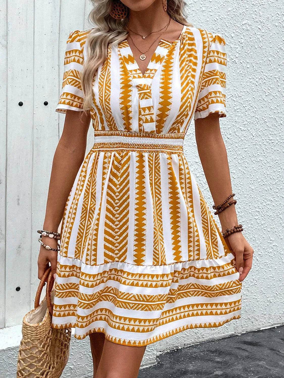 Bona Fide Fashion - Geometric Notched Short Sleeve Mini Dress - Women Fashion - Bona Fide Fashion