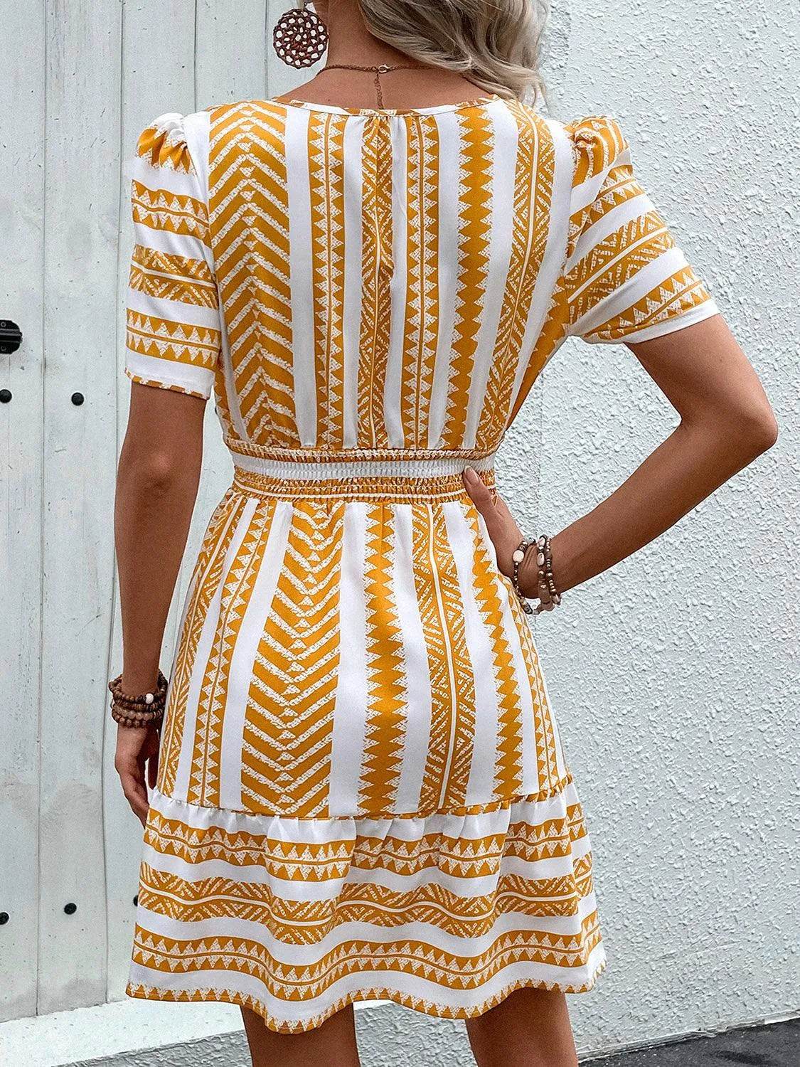 Bona Fide Fashion - Geometric Notched Short Sleeve Mini Dress - Women Fashion - Bona Fide Fashion