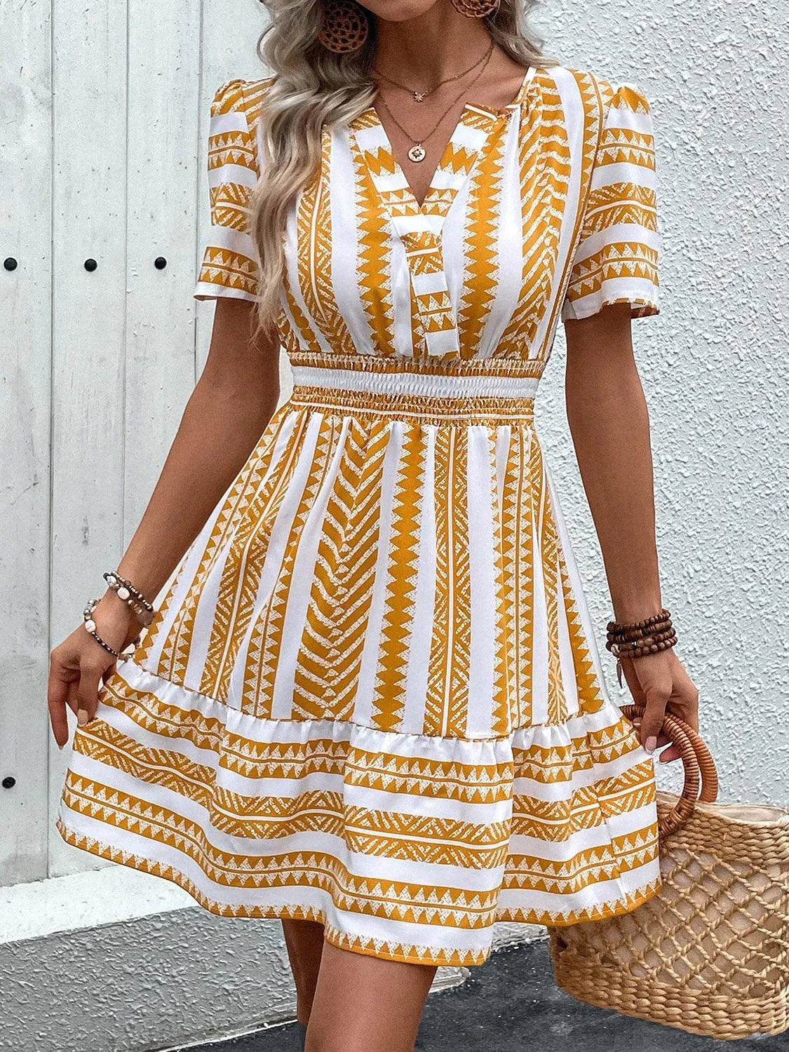 Bona Fide Fashion - Geometric Notched Short Sleeve Mini Dress - Women Fashion - Bona Fide Fashion