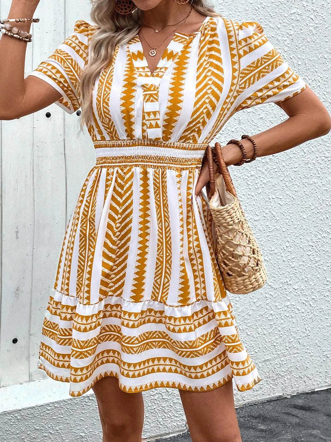 Bona Fide Fashion - Geometric Notched Short Sleeve Mini Dress - Women Fashion - Bona Fide Fashion