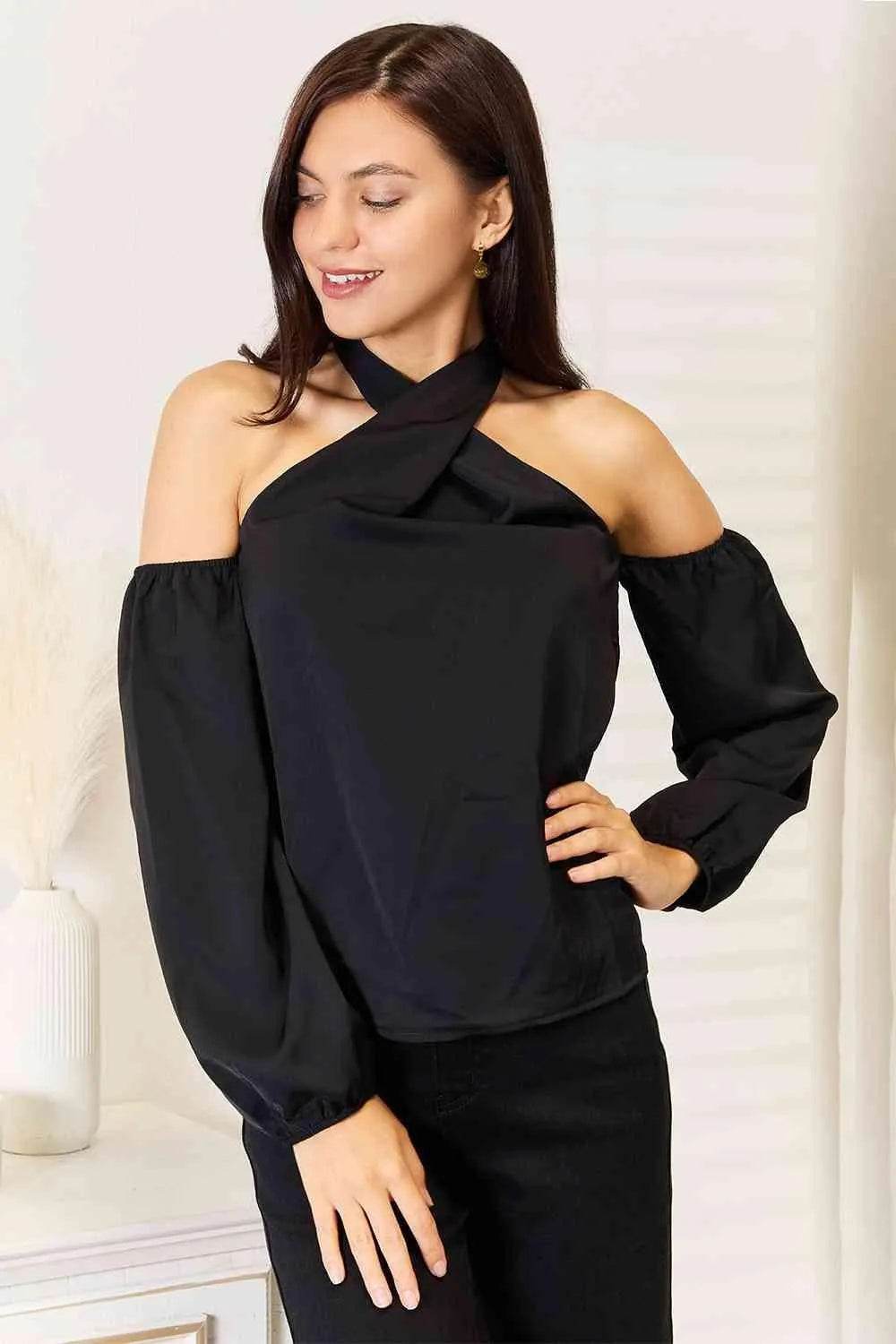 Grecian Cold Shoulder Long Sleeve Blouse – Elegant Drape & Modern Detail | Bona Fide Fashion - Bona Fide Fashion