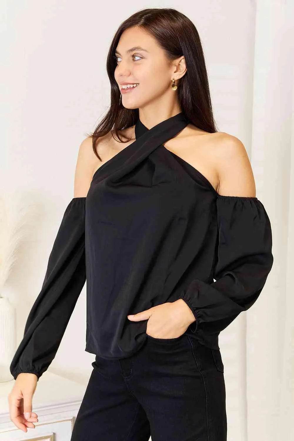 Grecian Cold Shoulder Long Sleeve Blouse – Elegant Drape & Modern Detail | Bona Fide Fashion - Bona Fide Fashion