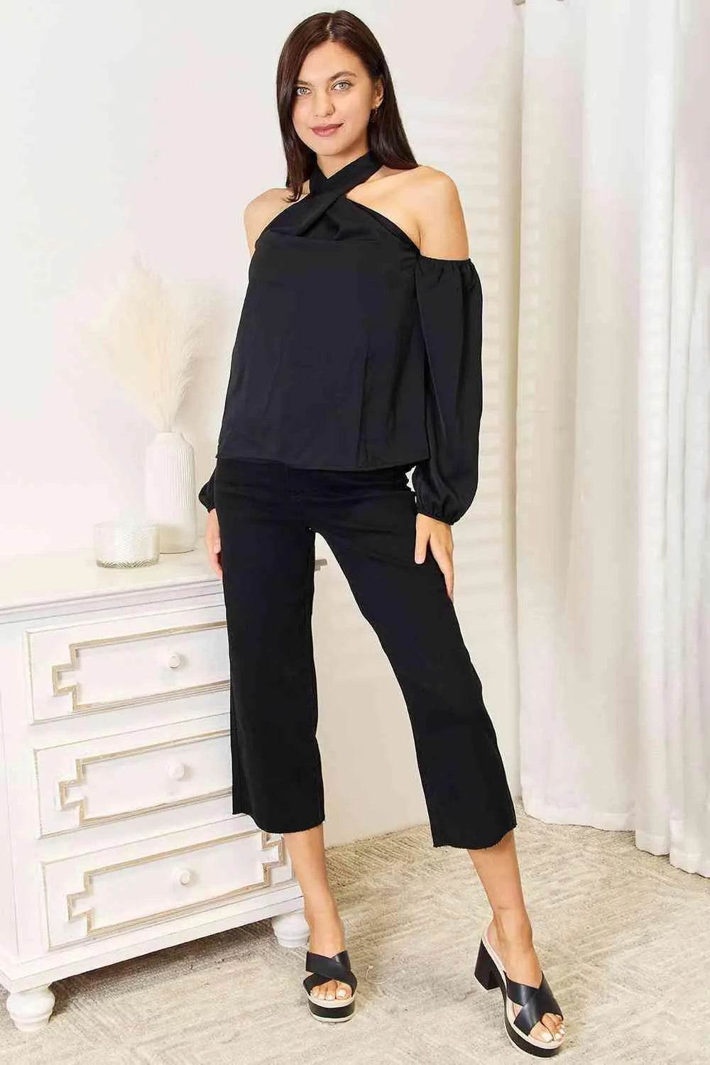 Grecian Cold Shoulder Long Sleeve Blouse – Elegant Drape & Modern Detail | Bona Fide Fashion - Bona Fide Fashion