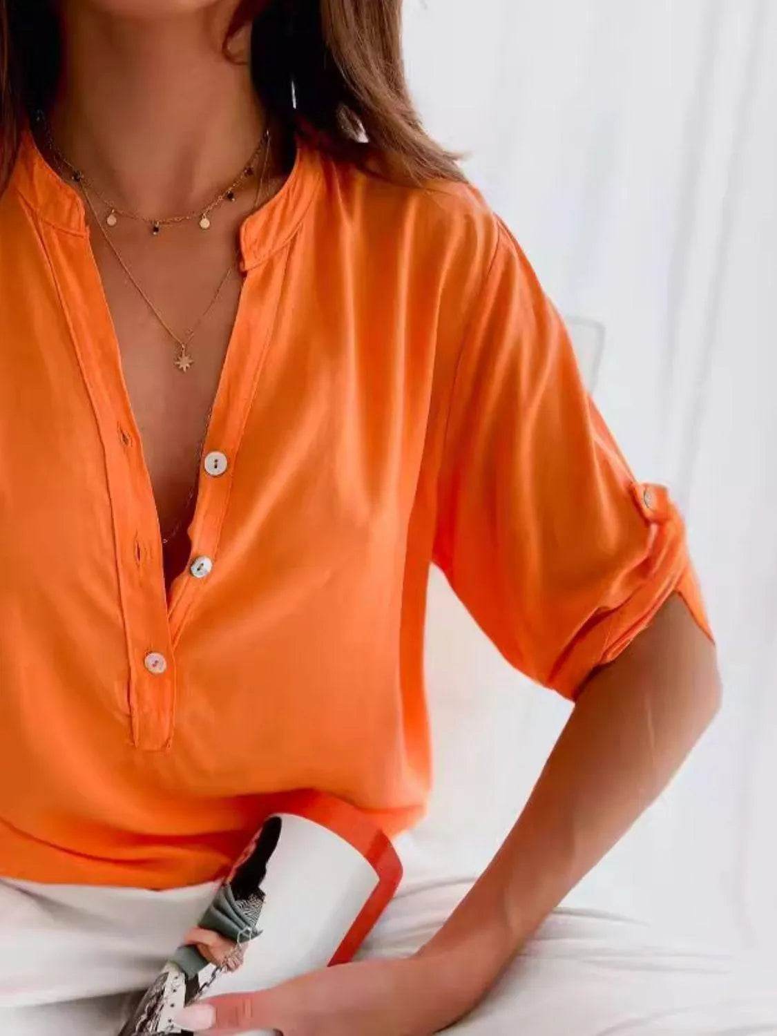Bona Fide Fashion - Half Button Notched Half Sleeve Blouse - Women Fashion - Bona Fide Fashion