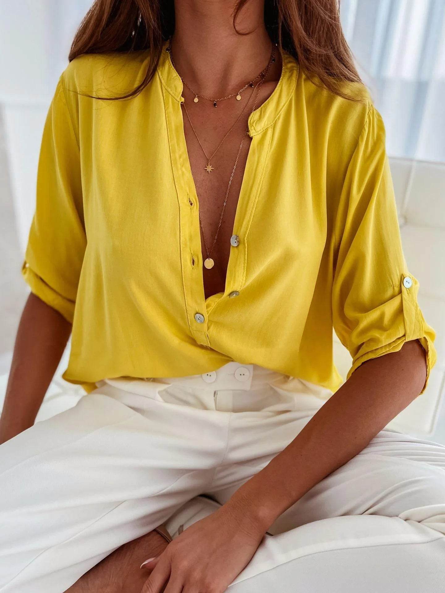 Bona Fide Fashion - Half Button Notched Half Sleeve Blouse - Women Fashion - Bona Fide Fashion