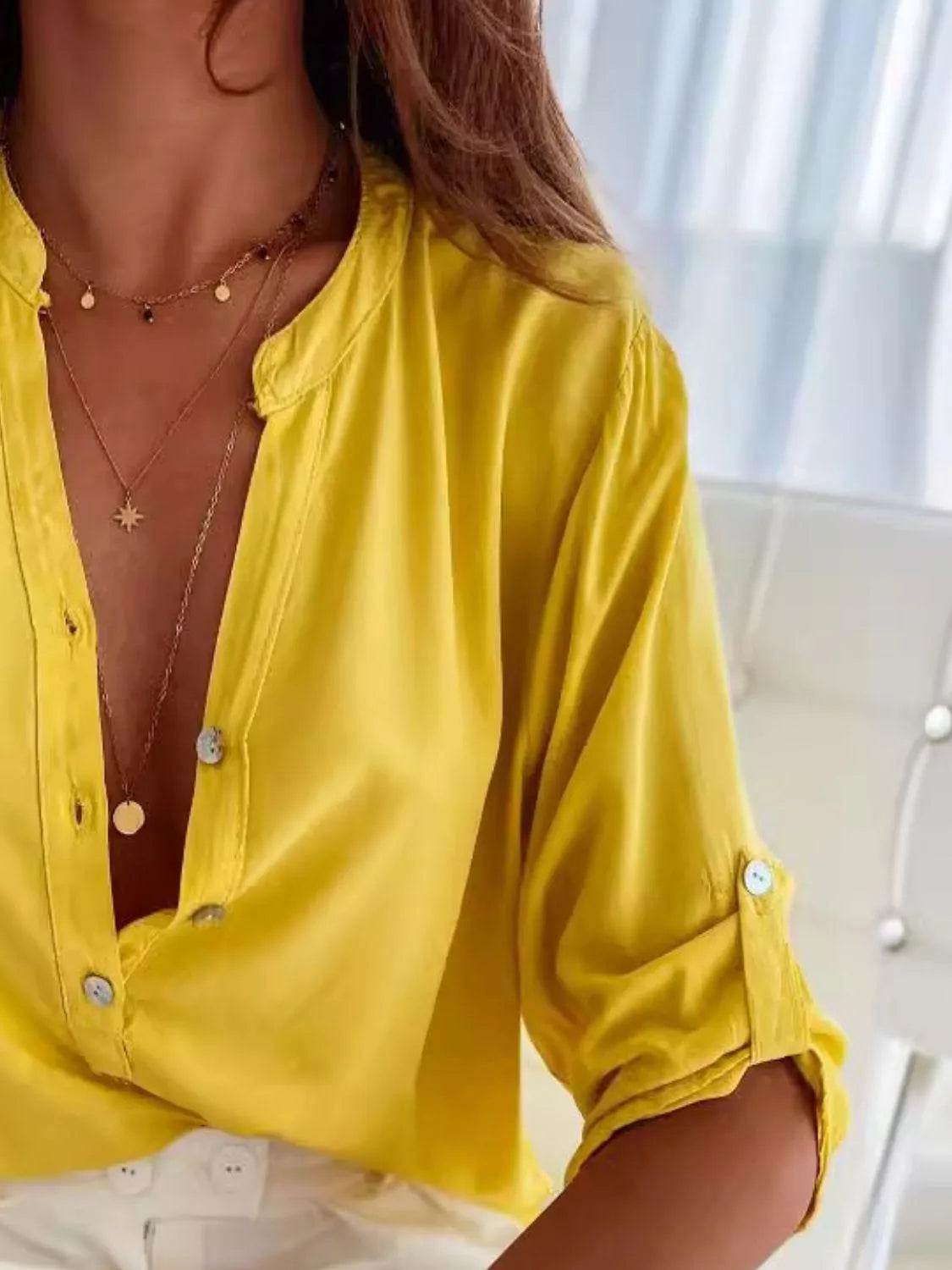 Bona Fide Fashion - Half Button Notched Half Sleeve Blouse - Women Fashion - Bona Fide Fashion