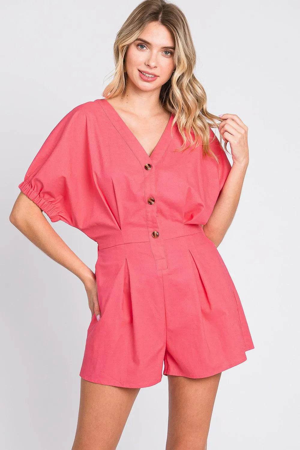 Half Button V-Neck Linen Romper – Lightweight & Chic One-Piece by GeeGee for Women - Bona Fide Fashion