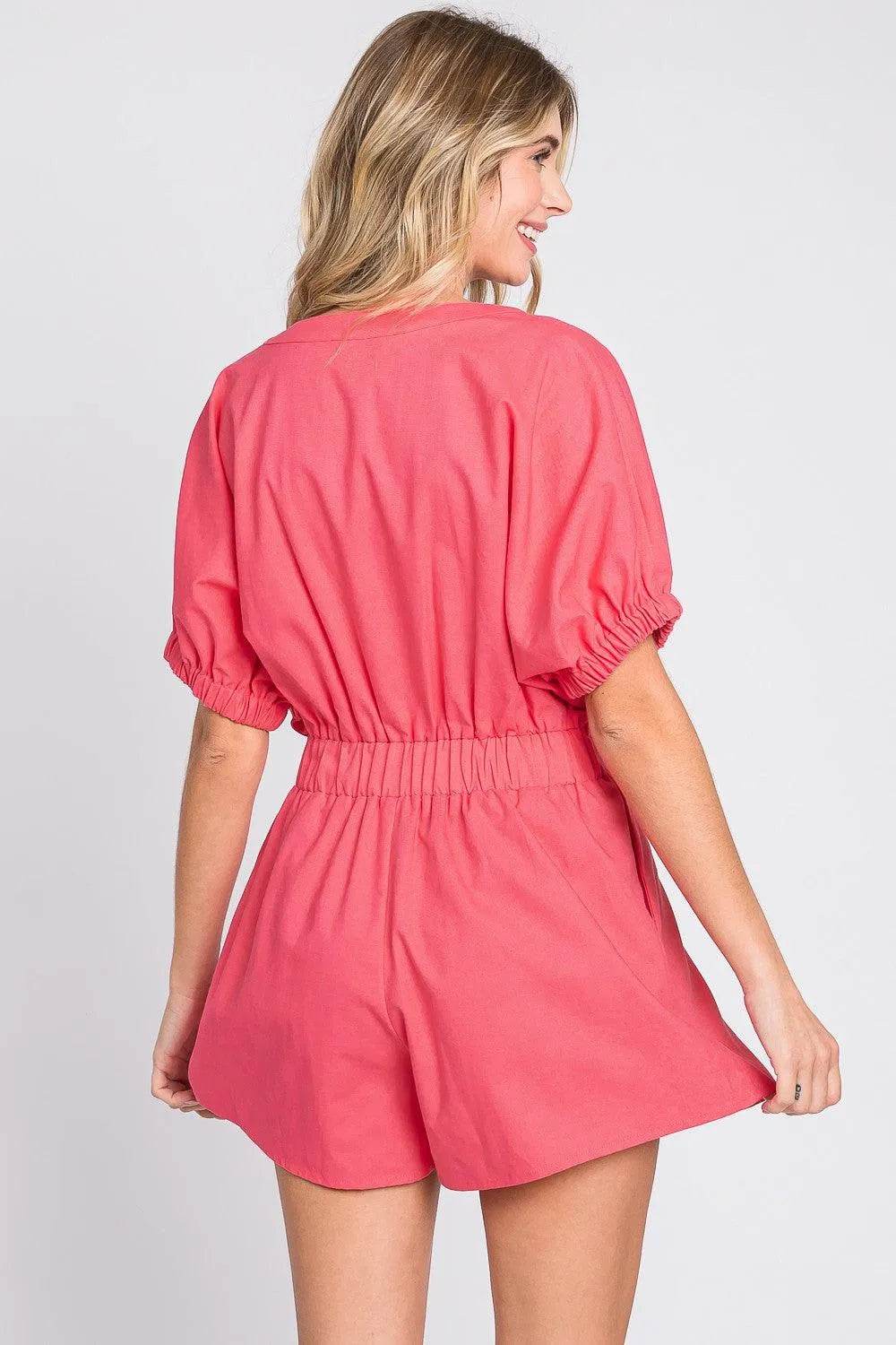 Half Button V-Neck Linen Romper – Lightweight & Chic One-Piece by GeeGee for Women - Bona Fide Fashion