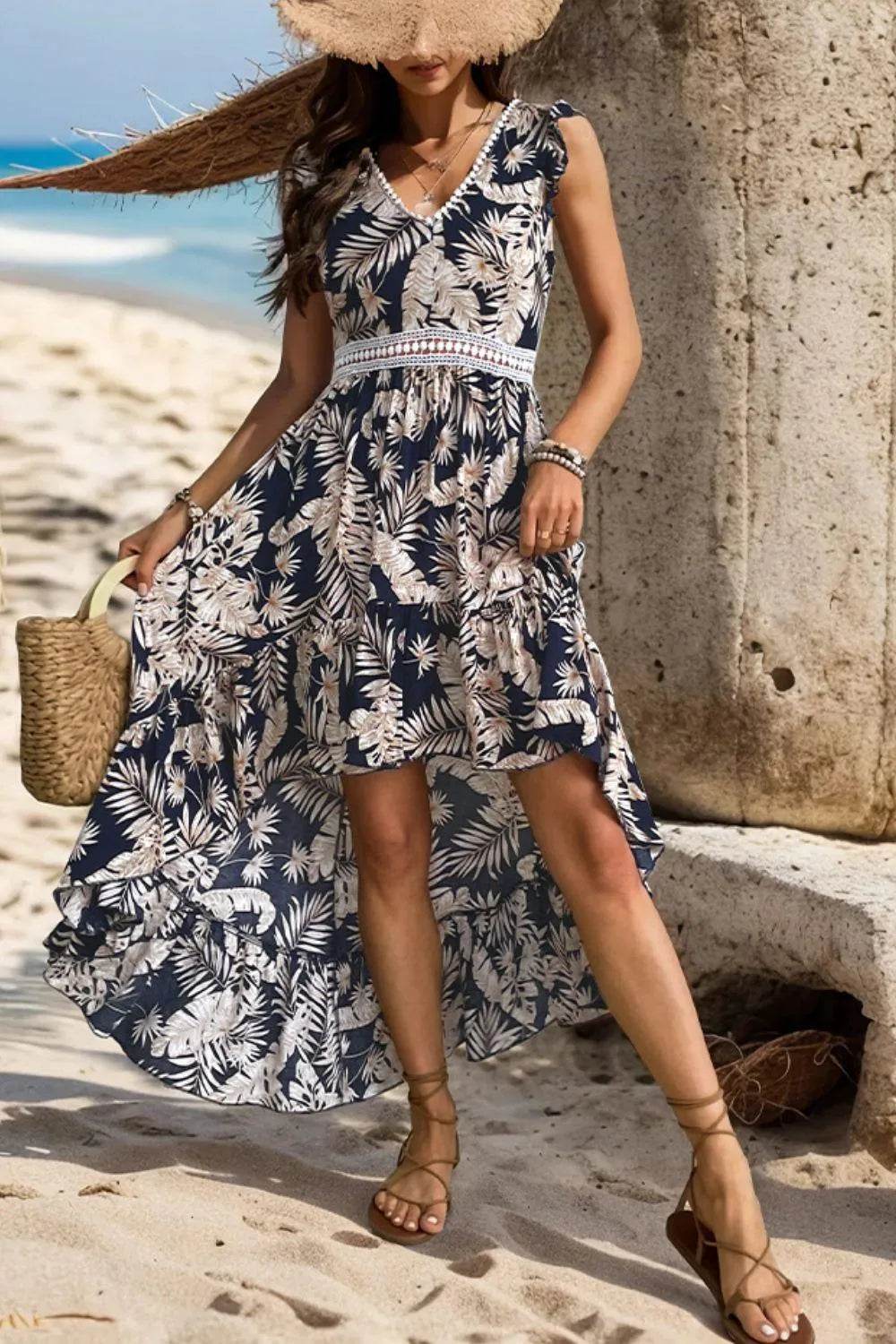 Bona Fide Fashion - High-Low Printed V-Neck Cap Sleeve Midi Dress - Women Fashion - Bona Fide Fashion