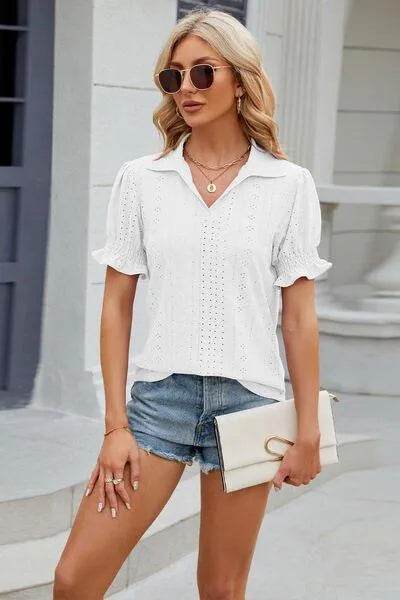 Bona Fide Fashion - Johnny Collar Short Sleeve Blouse - Women Fashion - Bona Fide Fashion