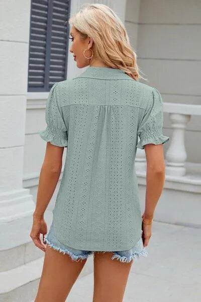 Bona Fide Fashion - Johnny Collar Short Sleeve Blouse - Women Fashion - Bona Fide Fashion