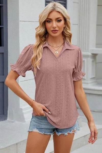 Bona Fide Fashion - Johnny Collar Short Sleeve Blouse - Women Fashion - Bona Fide Fashion
