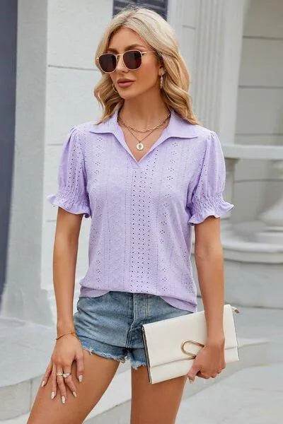 Bona Fide Fashion - Johnny Collar Short Sleeve Blouse - Women Fashion - Bona Fide Fashion