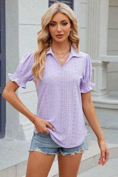 Bona Fide Fashion - Johnny Collar Short Sleeve Blouse - Women Fashion - Bona Fide Fashion