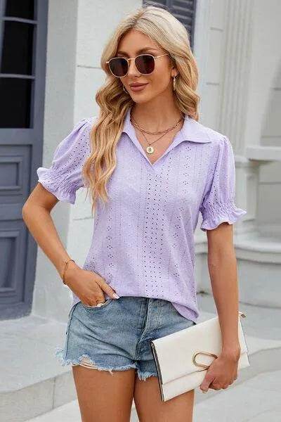 Bona Fide Fashion - Johnny Collar Short Sleeve Blouse - Women Fashion - Bona Fide Fashion