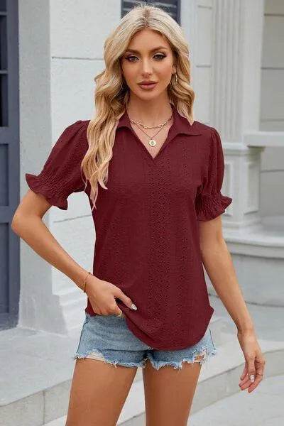 Bona Fide Fashion - Johnny Collar Short Sleeve Blouse - Women Fashion - Bona Fide Fashion