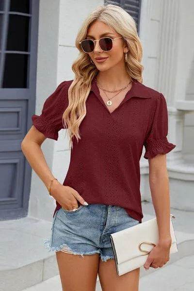 Bona Fide Fashion - Johnny Collar Short Sleeve Blouse - Women Fashion - Bona Fide Fashion