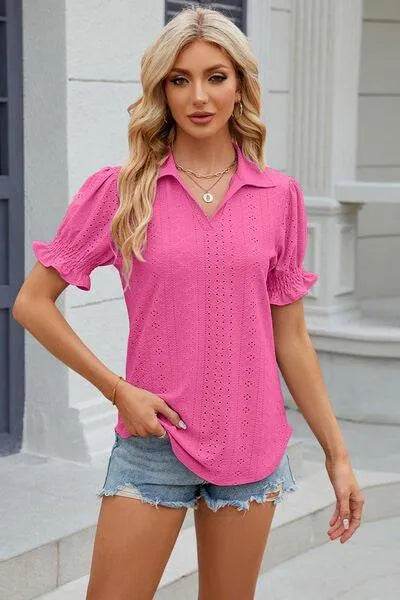 Bona Fide Fashion - Johnny Collar Short Sleeve Blouse - Women Fashion - Bona Fide Fashion