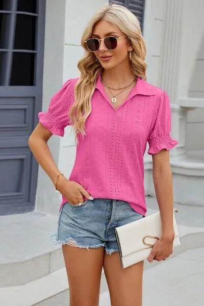 Bona Fide Fashion - Johnny Collar Short Sleeve Blouse - Women Fashion - Bona Fide Fashion