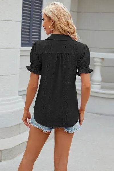 Bona Fide Fashion - Johnny Collar Short Sleeve Blouse - Women Fashion - Bona Fide Fashion