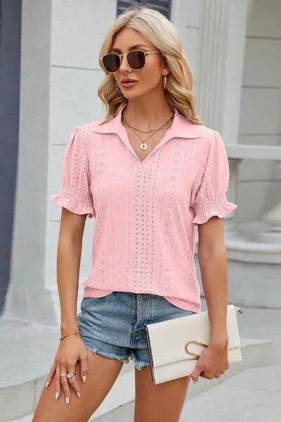 Bona Fide Fashion - Johnny Collar Short Sleeve Blouse - Women Fashion - Bona Fide Fashion