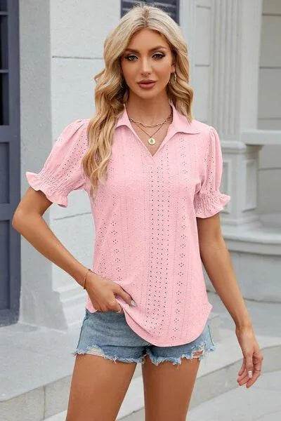 Bona Fide Fashion - Johnny Collar Short Sleeve Blouse - Women Fashion - Bona Fide Fashion