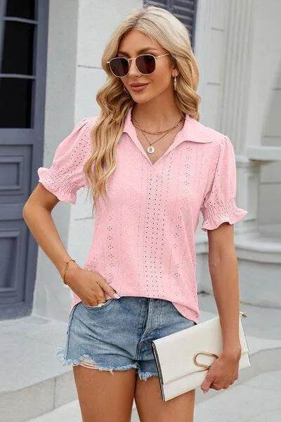 Bona Fide Fashion - Johnny Collar Short Sleeve Blouse - Women Fashion - Bona Fide Fashion