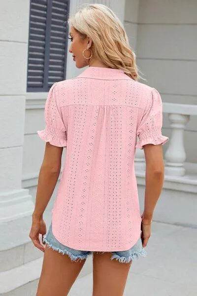Bona Fide Fashion - Johnny Collar Short Sleeve Blouse - Women Fashion - Bona Fide Fashion