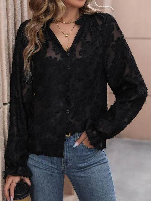 Bona Fide Fashion - Lace Button Front Long Sleeve Top - Women Fashion - Bona Fide Fashion