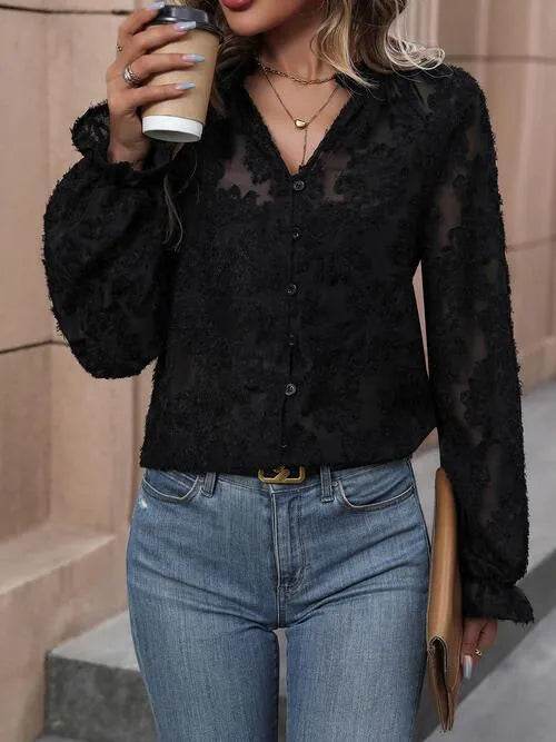 Bona Fide Fashion - Lace Button Front Long Sleeve Top - Women Fashion - Bona Fide Fashion