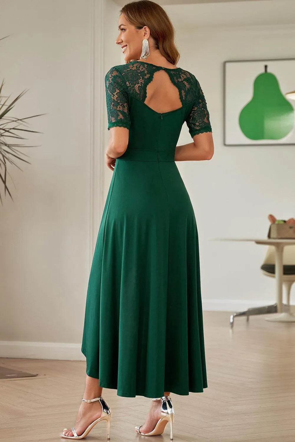 Bona Fide Fashion - Lace Cutout V-Neck Short Sleeve Dress - Women Fashion - Bona Fide Fashion