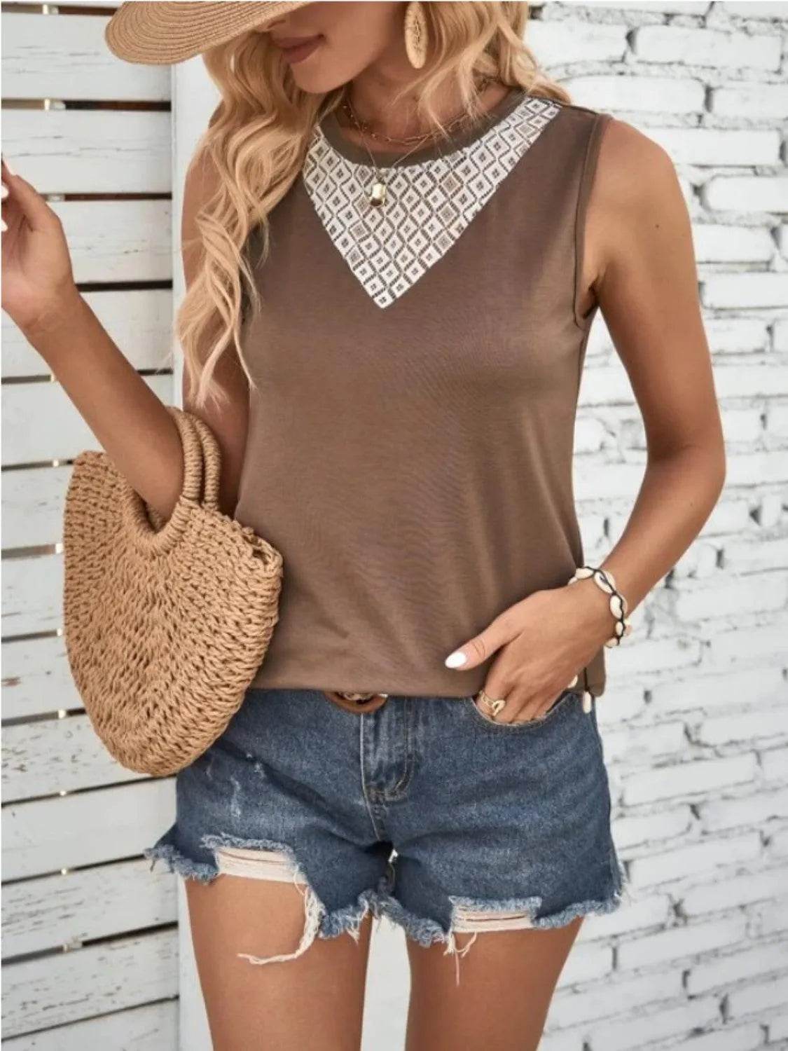 Bona Fide Fashion - Lace Detail Round Neck Tank - Women Fashion - Bona Fide Fashion