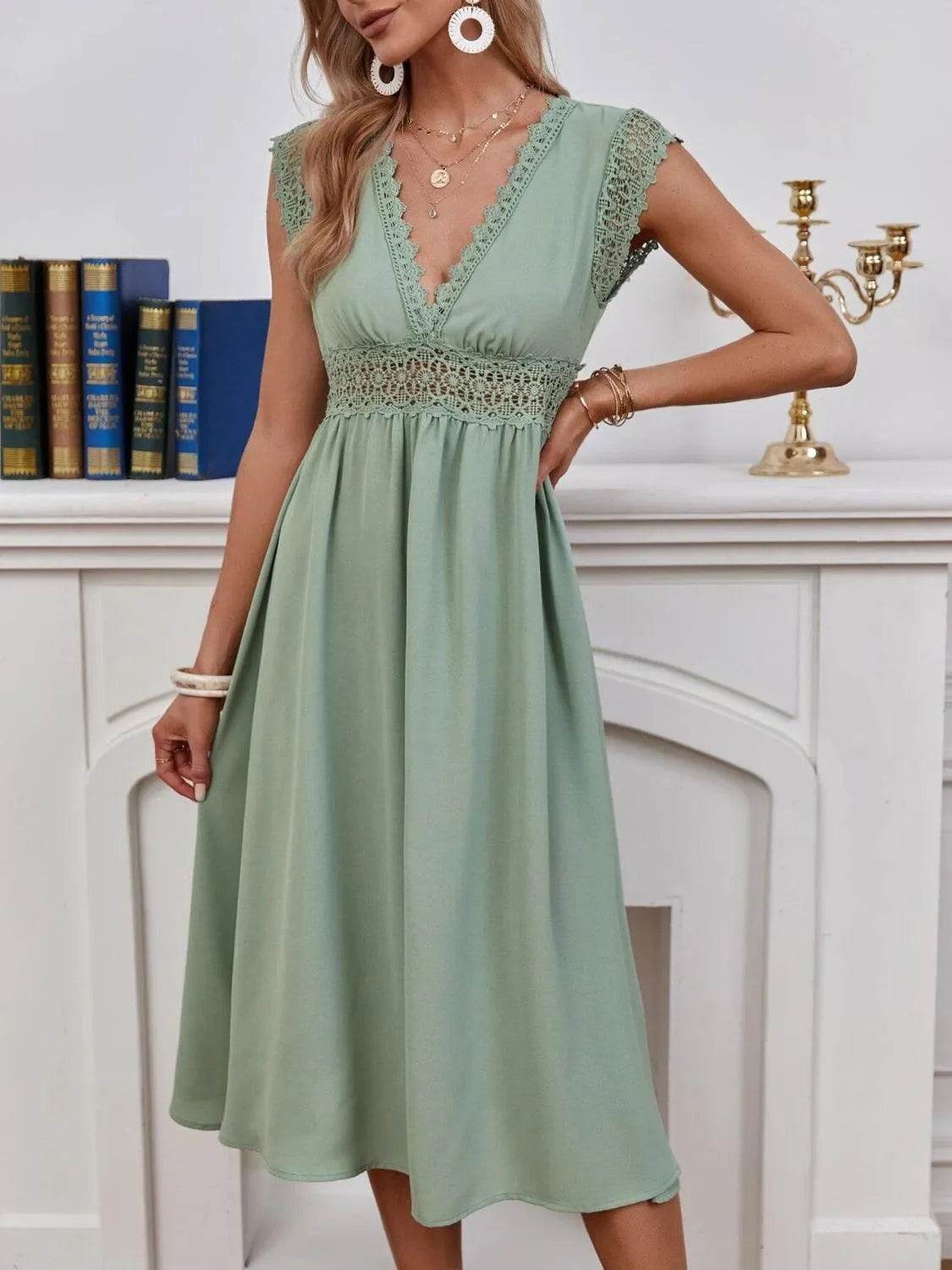 Bona Fide Fashion - Lace Detail V-Neck Cap Sleeve Dress - Women Fashion - Bona Fide Fashion