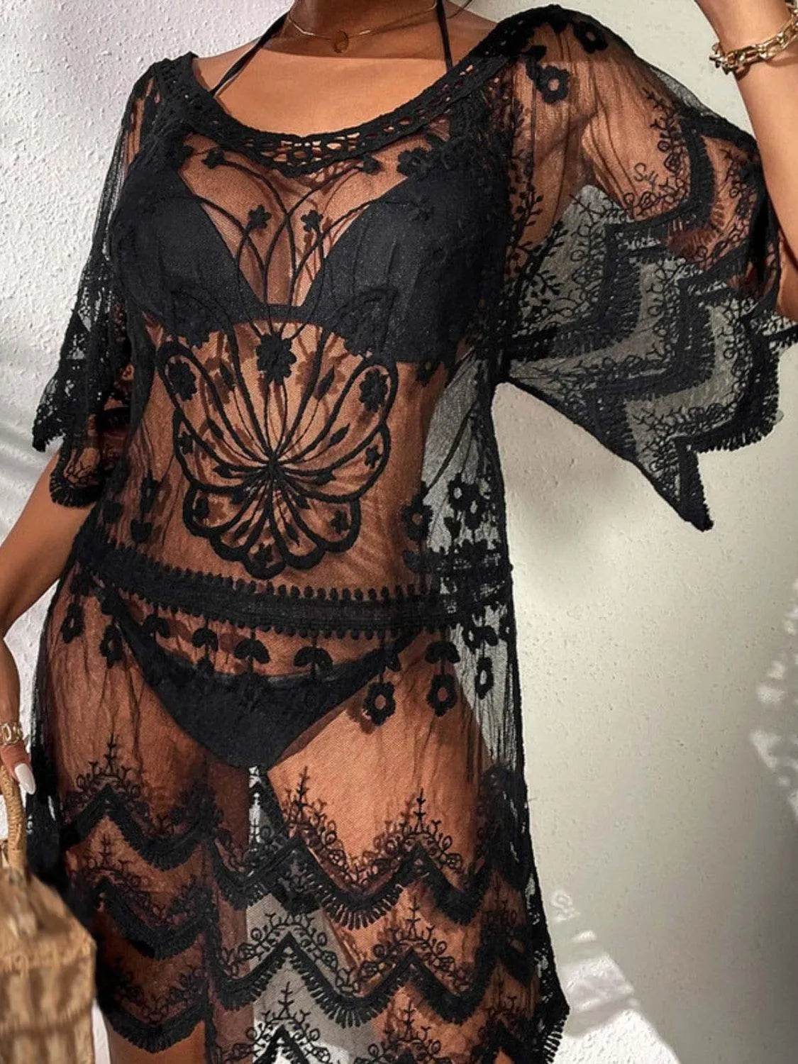 Bona Fide Fashion - Lace Round Neck Half Sleeve Cover-Up - Women Fashion - Bona Fide Fashion