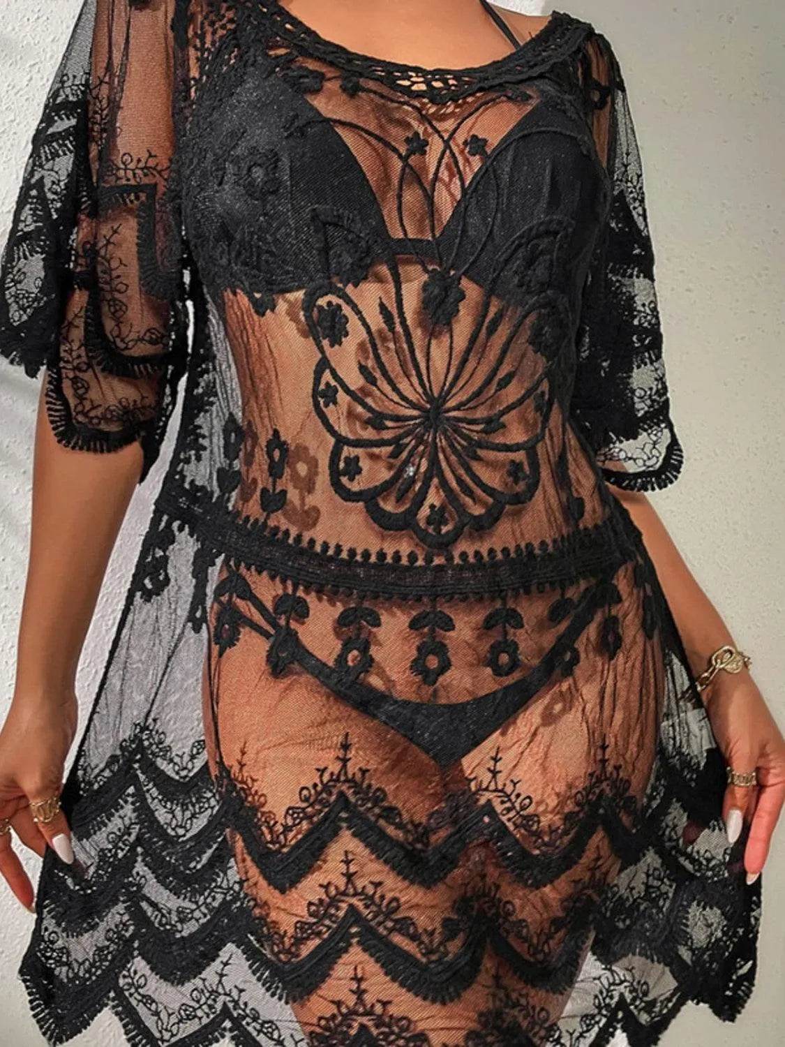Bona Fide Fashion - Lace Round Neck Half Sleeve Cover-Up - Women Fashion - Bona Fide Fashion